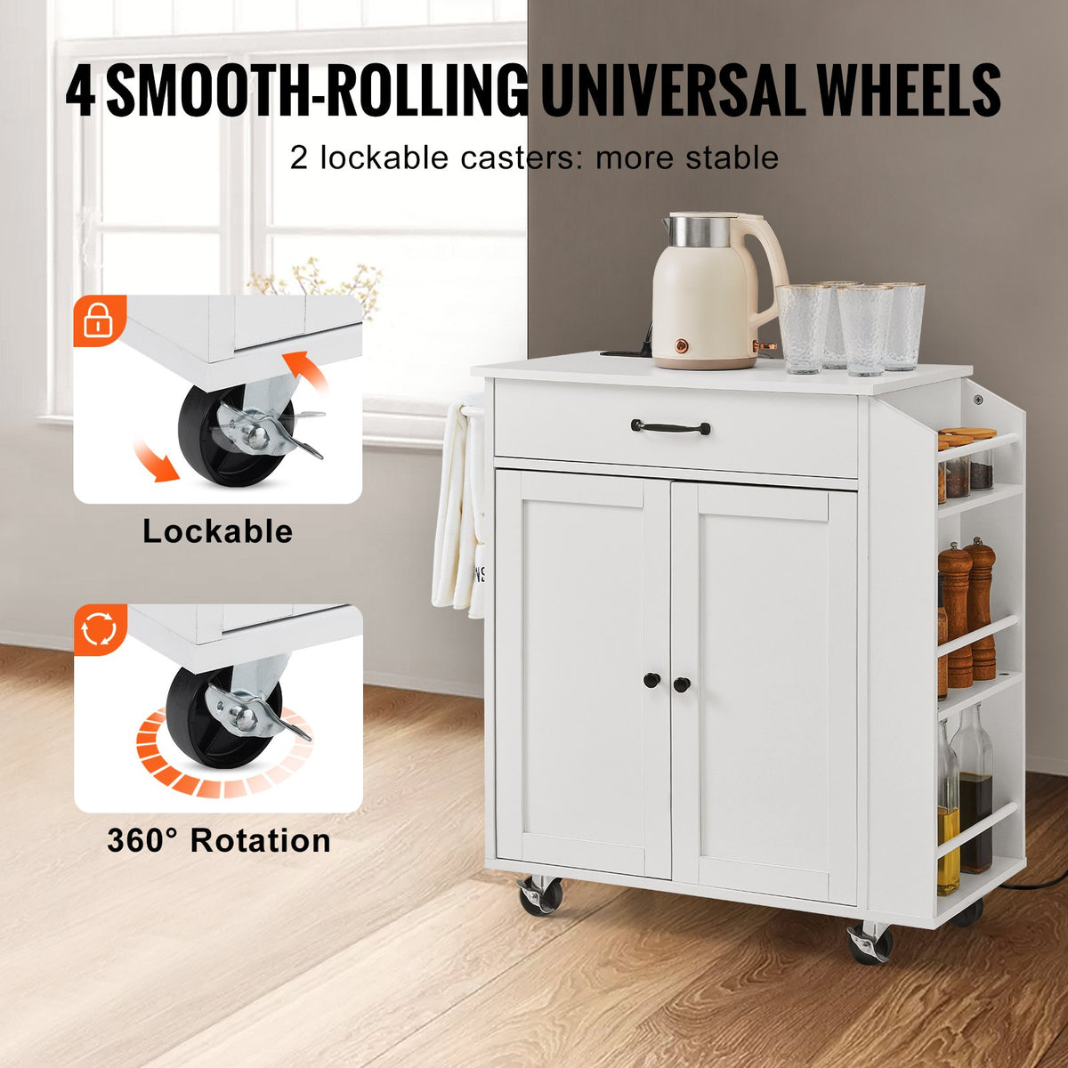 VEVOR Kitchen Island on Wheels, 813 mm Movable Table with Storage Cabinet, Outlets, Spice Rack, Towel Holder, Adjustable Shelf and Drawer, Suitable for Dining Room and Living Room, White