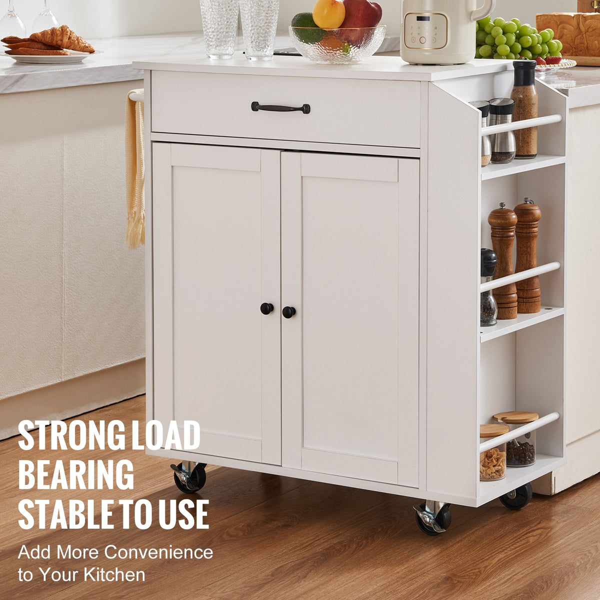 VEVOR Kitchen Island on Wheels, 813 mm Movable Table with Storage Cabinet, Outlets, Spice Rack, Towel Holder, Adjustable Shelf and Drawer, Suitable for Dining Room and Living Room, White