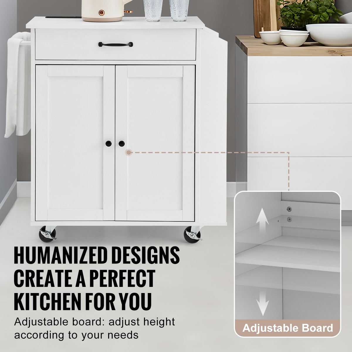 VEVOR Kitchen Island on Wheels, 813 mm Movable Table with Storage Cabinet, Outlets, Spice Rack, Towel Holder, Adjustable Shelf and Drawer, Suitable for Dining Room and Living Room, White