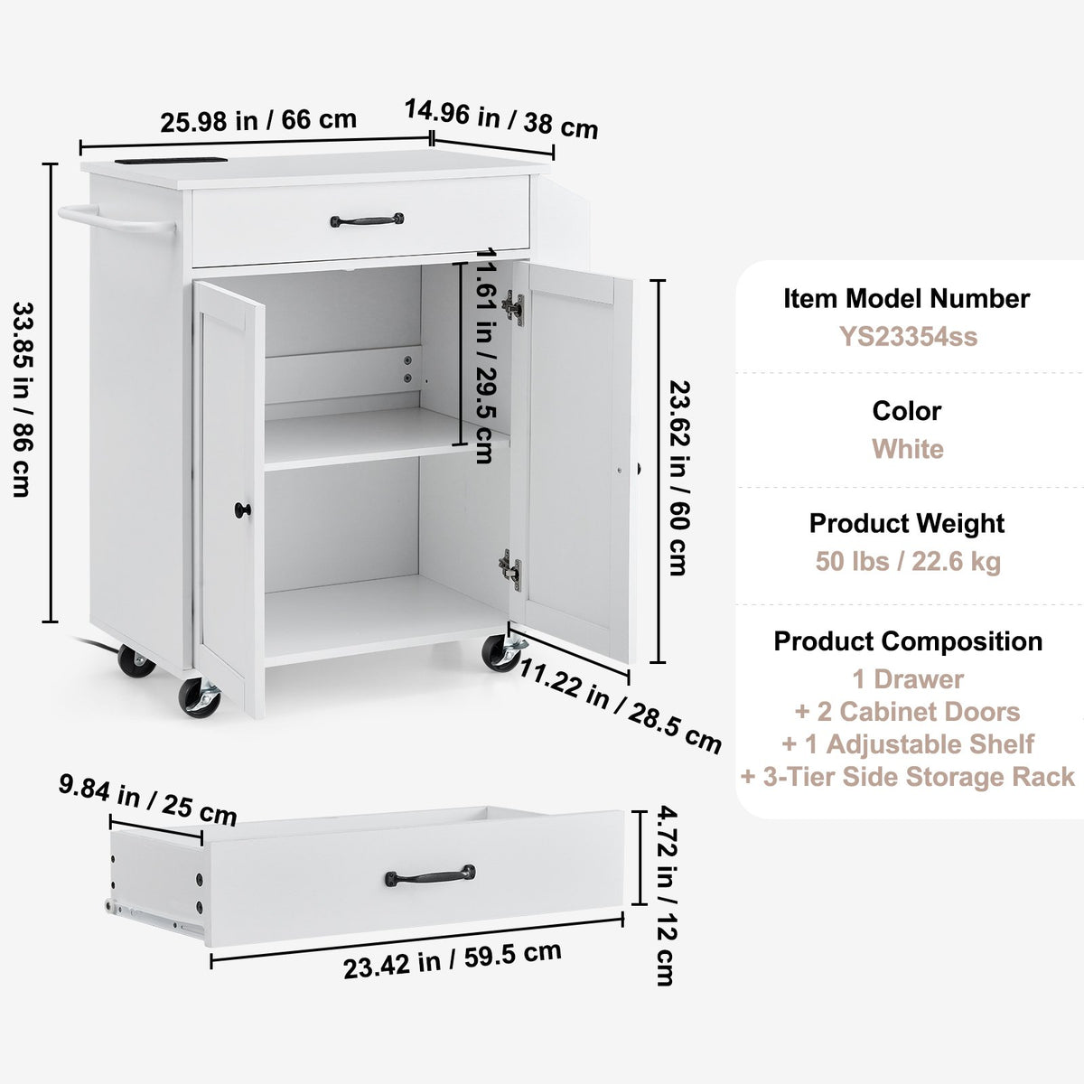 VEVOR Kitchen Island on Wheels, 813 mm Movable Table with Storage Cabinet, Outlets, Spice Rack, Towel Holder, Adjustable Shelf and Drawer, Suitable for Dining Room and Living Room, White