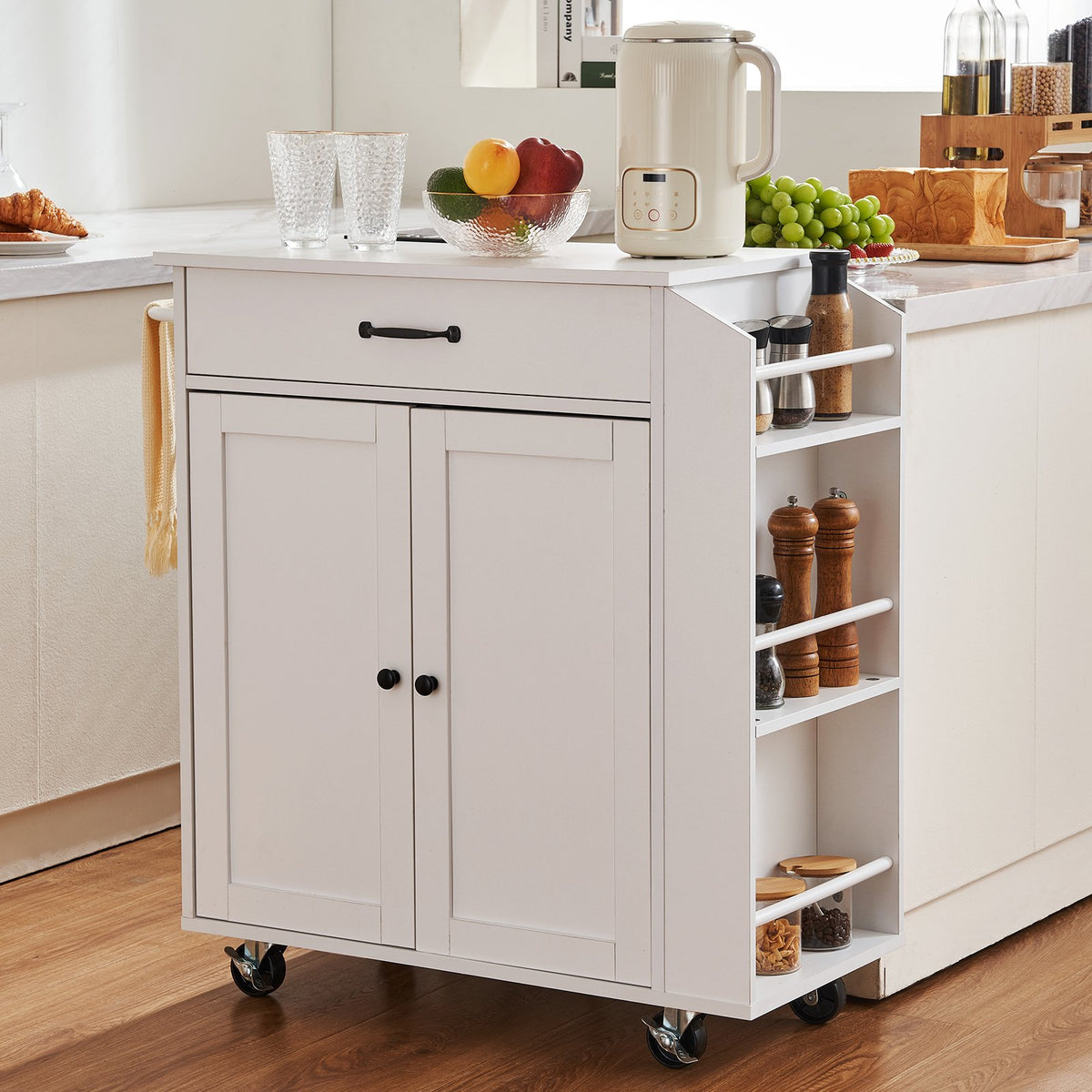 VEVOR Kitchen Island on Wheels, 813 mm Movable Table with Storage Cabinet, Outlets, Spice Rack, Towel Holder, Adjustable Shelf and Drawer, Suitable for Dining Room and Living Room, White
