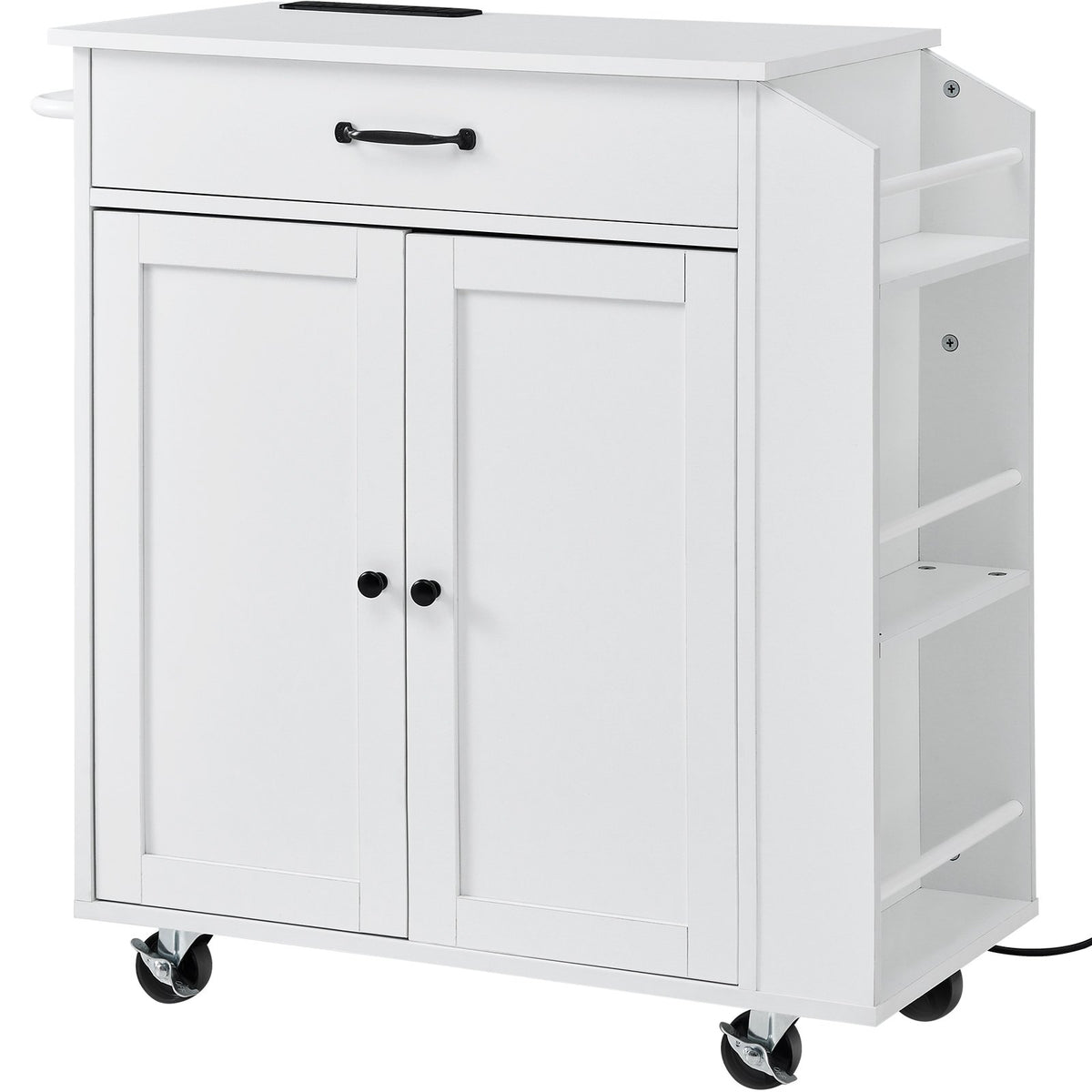 VEVOR Kitchen Island on Wheels, 813 mm Movable Table with Storage Cabinet, Outlets, Spice Rack, Towel Holder, Adjustable Shelf and Drawer, Suitable for Dining Room and Living Room, White