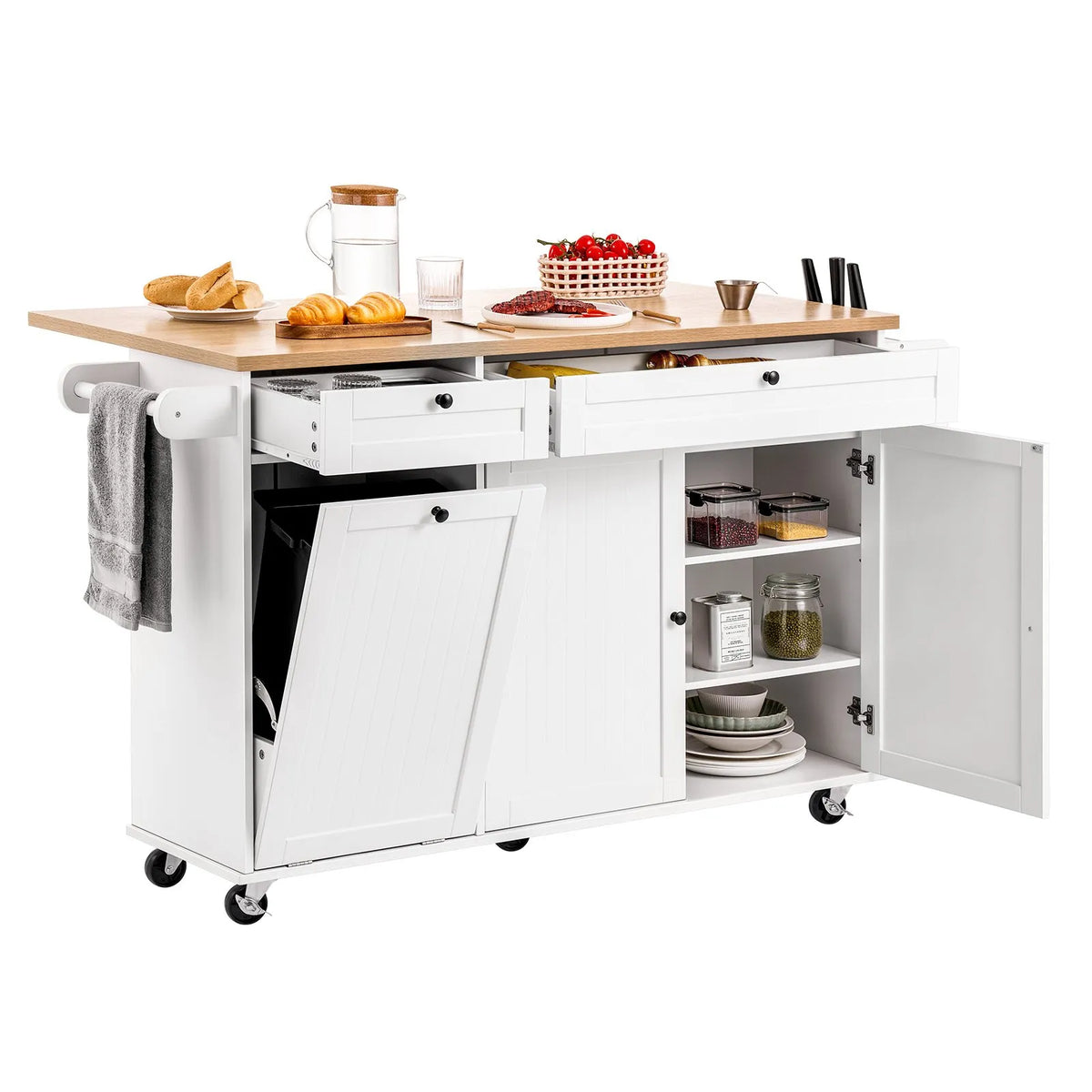 VEVOR virtuves sala ar uzglabāšanas vietu, 153 cm plats mobilais virtuves galds uz riteņiem ar nolokāmu virsmu, 2 atvilktnēm, atkritumu tvertnes skapīti, nažu turētāju, garšvielu plauktu un dvieļu turētāju, piemērots ēdamistabai un pieliekamajam