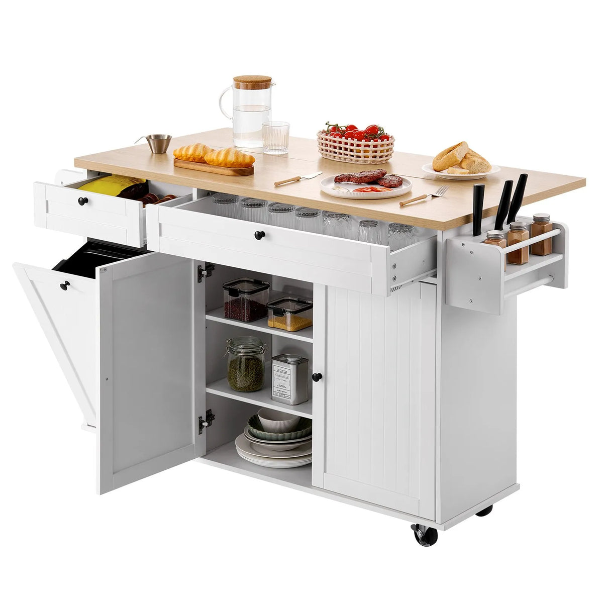 VEVOR virtuves sala ar uzglabāšanas vietu, 153 cm plats mobilais virtuves galds uz riteņiem ar nolokāmu virsmu, 2 atvilktnēm, atkritumu tvertnes skapīti, nažu turētāju, garšvielu plauktu un dvieļu turētāju, piemērots ēdamistabai un pieliekamajam
