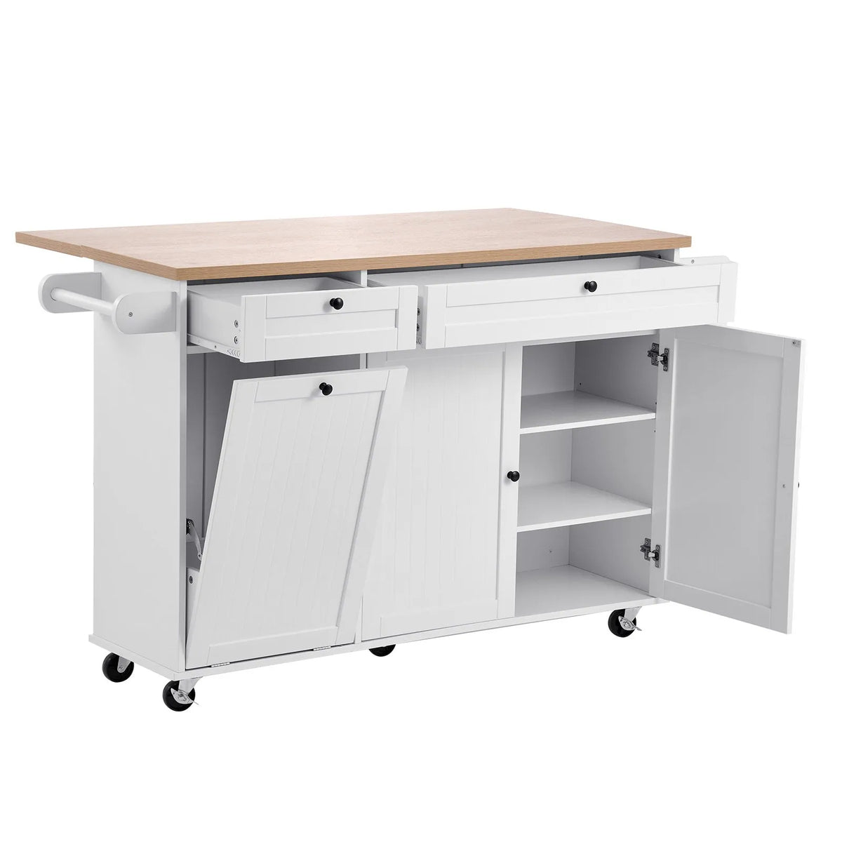 VEVOR virtuves sala ar uzglabāšanas vietu, 153 cm plats mobilais virtuves galds uz riteņiem ar nolokāmu virsmu, 2 atvilktnēm, atkritumu tvertnes skapīti, nažu turētāju, garšvielu plauktu un dvieļu turētāju, piemērots ēdamistabai un pieliekamajam