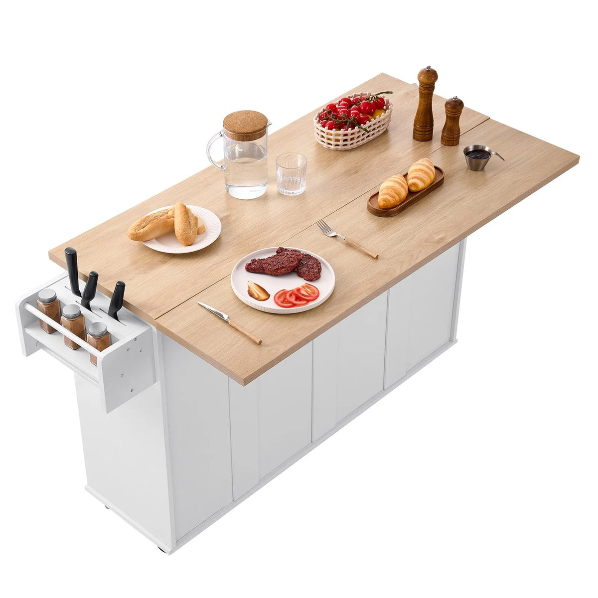 VEVOR virtuves sala ar uzglabāšanas vietu, 153 cm plats mobilais virtuves galds uz riteņiem ar nolokāmu virsmu, 2 atvilktnēm, atkritumu tvertnes skapīti, nažu turētāju, garšvielu plauktu un dvieļu turētāju, piemērots ēdamistabai un pieliekamajam