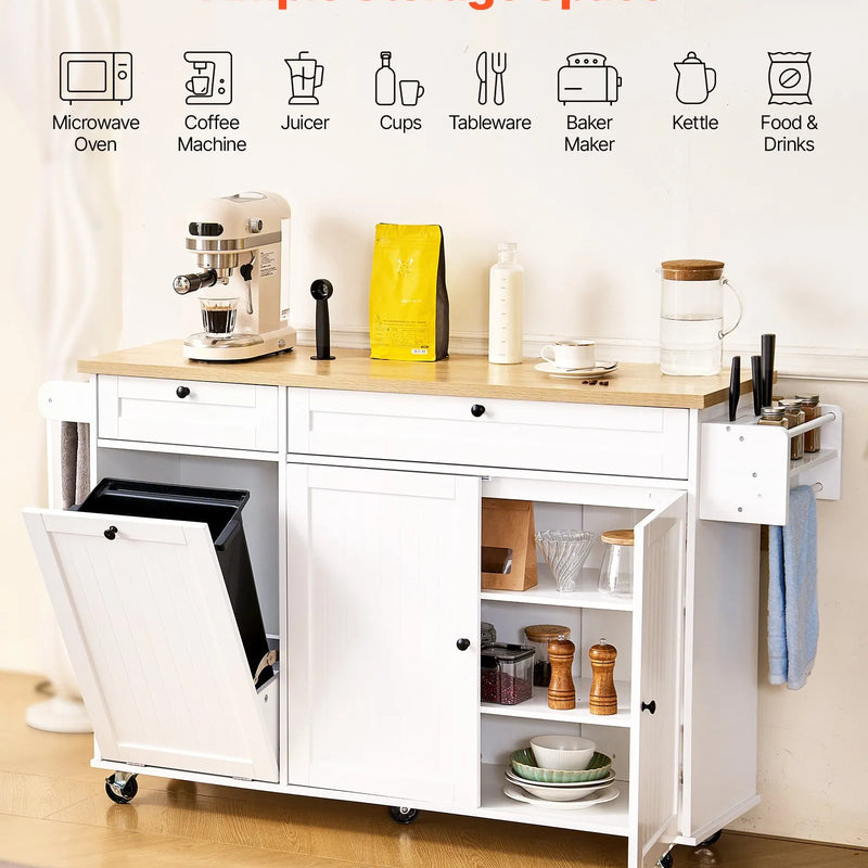 VEVOR virtuves sala ar uzglabāšanas vietu, 153 cm plats mobilais virtuves galds uz riteņiem ar nolokāmu virsmu, 2 atvilktnēm, atkritumu tvertnes skapīti, nažu turētāju, garšvielu plauktu un dvieļu turētāju, piemērots ēdamistabai un pieliekamajam