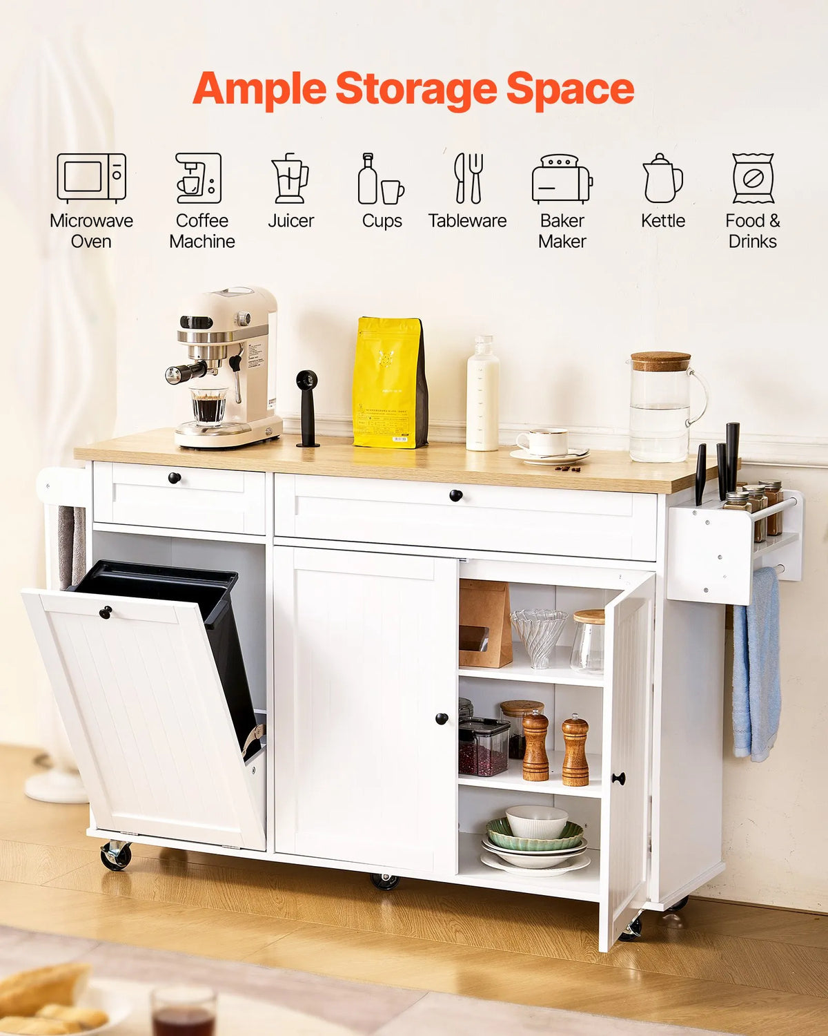 VEVOR virtuves sala ar uzglabāšanas vietu, 153 cm plats mobilais virtuves galds uz riteņiem ar nolokāmu virsmu, 2 atvilktnēm, atkritumu tvertnes skapīti, nažu turētāju, garšvielu plauktu un dvieļu turētāju, piemērots ēdamistabai un pieliekamajam