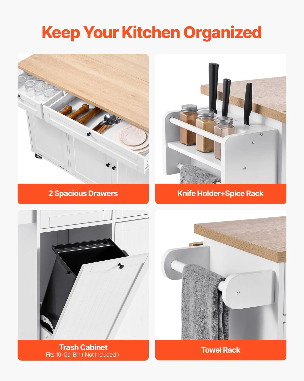 VEVOR virtuves sala ar uzglabāšanas vietu, 153 cm plats mobilais virtuves galds uz riteņiem ar nolokāmu virsmu, 2 atvilktnēm, atkritumu tvertnes skapīti, nažu turētāju, garšvielu plauktu un dvieļu turētāju, piemērots ēdamistabai un pieliekamajam