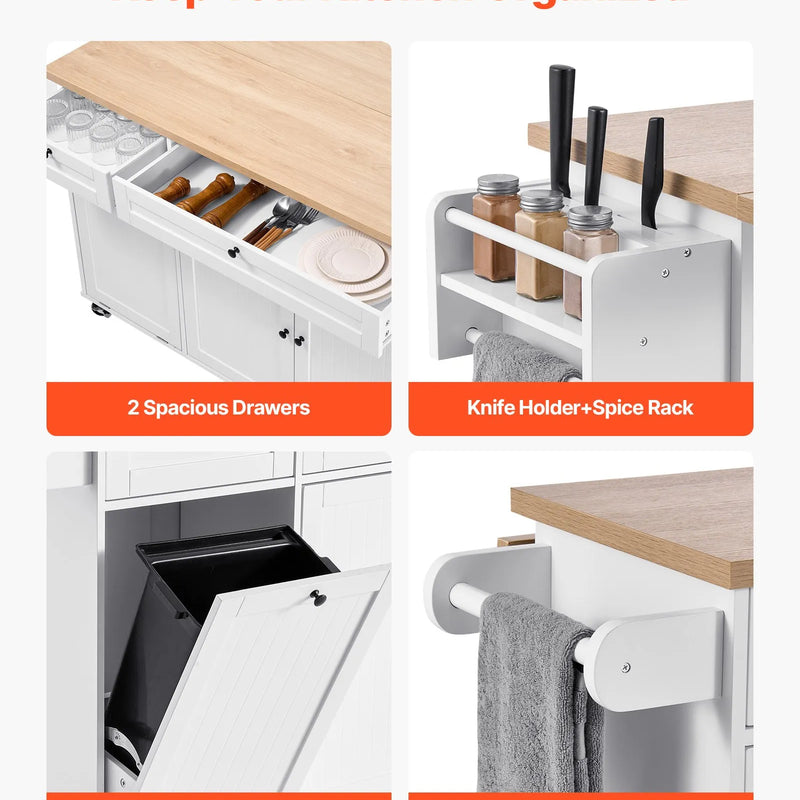 VEVOR virtuves sala ar uzglabāšanas vietu, 153 cm plats mobilais virtuves galds uz riteņiem ar nolokāmu virsmu, 2 atvilktnēm, atkritumu tvertnes skapīti, nažu turētāju, garšvielu plauktu un dvieļu turētāju, piemērots ēdamistabai un pieliekamajam