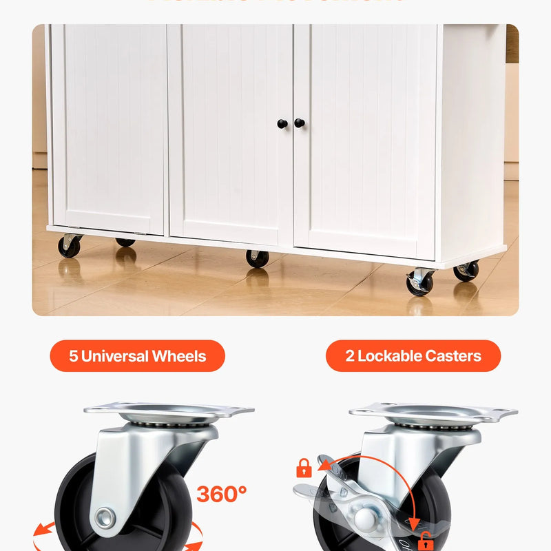 VEVOR virtuves sala ar uzglabāšanas vietu, 153 cm plats mobilais virtuves galds uz riteņiem ar nolokāmu virsmu, 2 atvilktnēm, atkritumu tvertnes skapīti, nažu turētāju, garšvielu plauktu un dvieļu turētāju, piemērots ēdamistabai un pieliekamajam