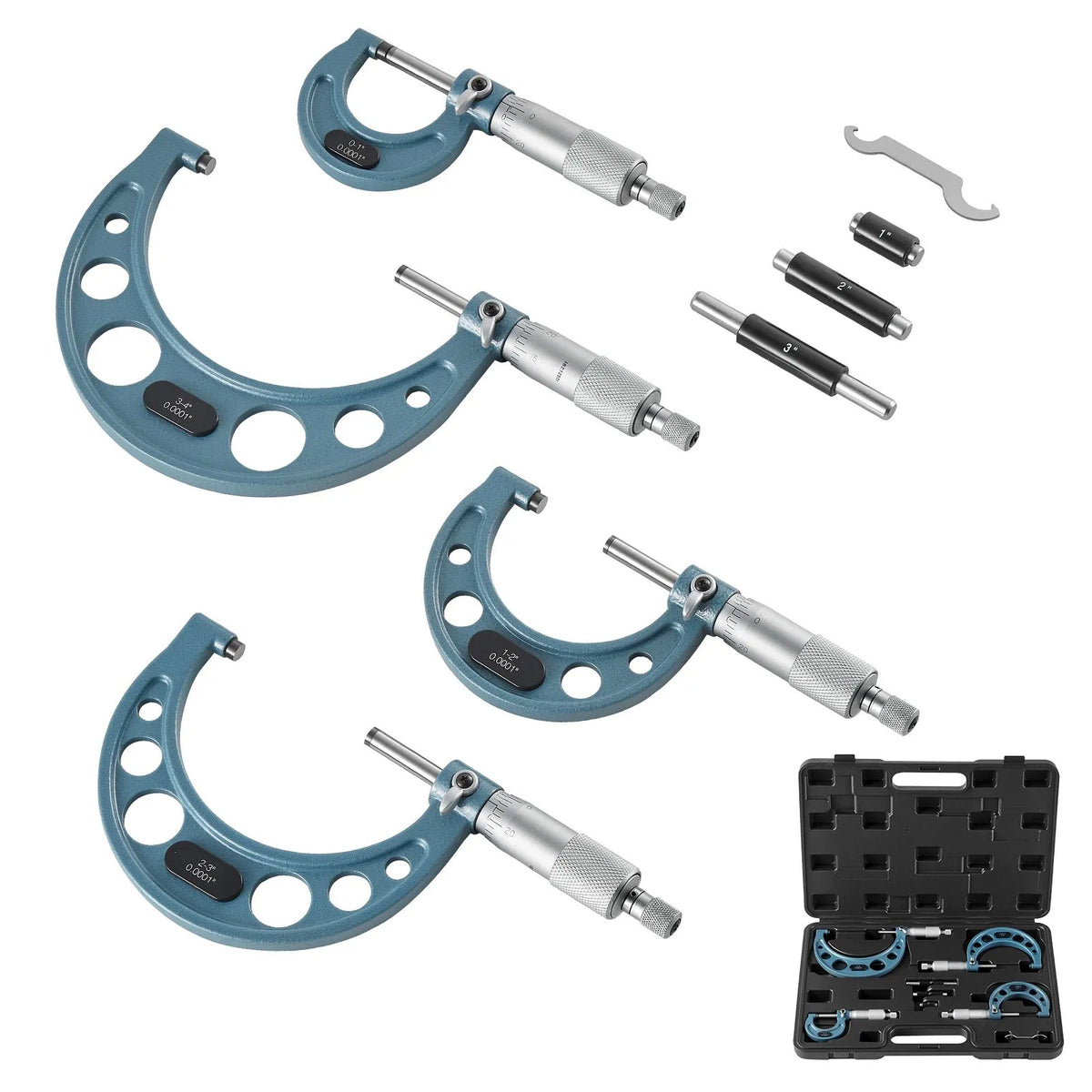 VEVOR 4 Piece External Micrometer Set 0–4″ (0–1″ / 1–2″ / 2–3″ / 3–4″), High Precision Mechanic Tool with Protective Case for Metalworking and Engineering