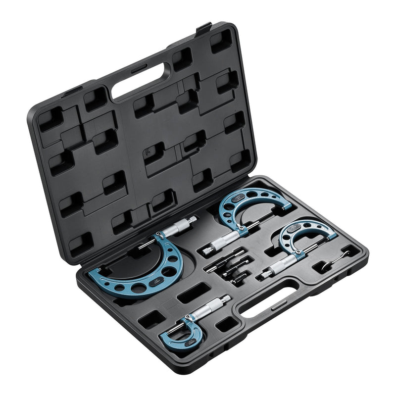 VEVOR 4 gab. ārējo mikrometru komplekts 0–4″ (0–1″ / 1–2″ / 2–3″ / 3–4″), augstas precizitātes mehāniķu instruments ar aizsargkoferi metālapstrādei un inženiertehniskiem darbiem