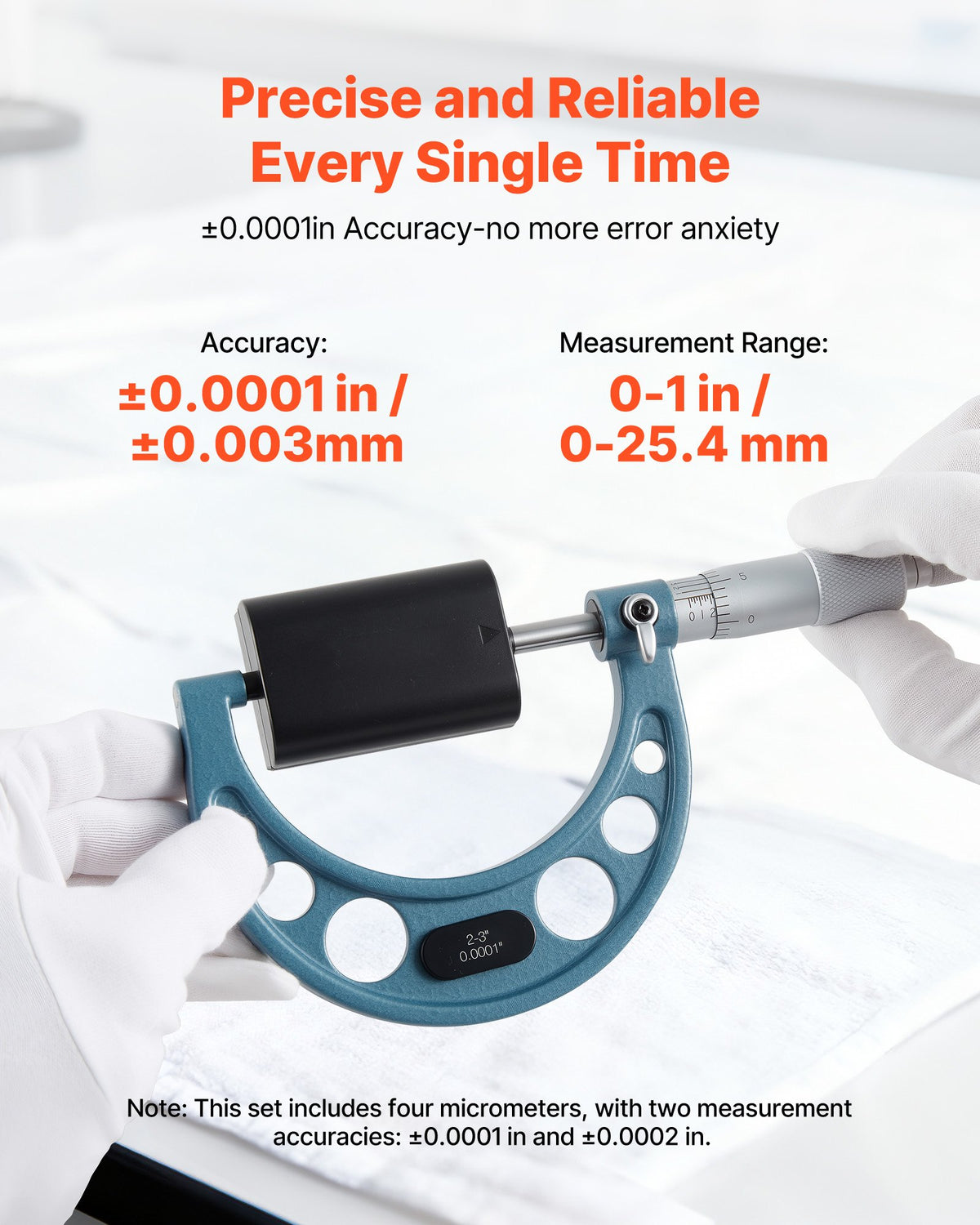 VEVOR 4 Piece External Micrometer Set 0–4″ (0–1″ / 1–2″ / 2–3″ / 3–4″), High Precision Mechanic Tool with Protective Case for Metalworking and Engineering