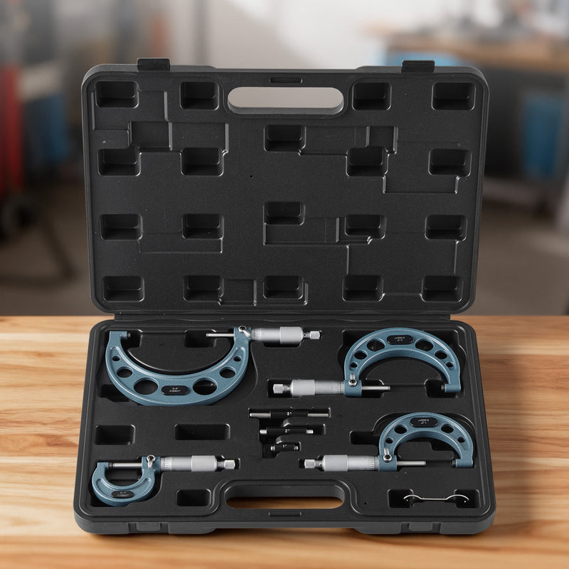 VEVOR 4 gab. ārējo mikrometru komplekts 0–4″ (0–1″ / 1–2″ / 2–3″ / 3–4″), augstas precizitātes mehāniķu instruments ar aizsargkoferi metālapstrādei un inženiertehniskiem darbiem