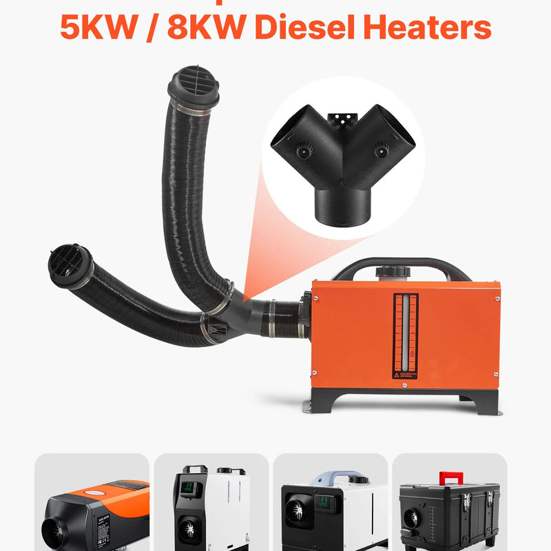 VEVOR dīzeļa sildītāja gaisa cauruļu un ventilācijas komplekts, 75 mm silta gaisa izvads ar Y veida savienotāju un gaisa kanālu skavām, paredzēts 2 kW, 5 kW un 8 kW dīzeļa sildītājiem, melns