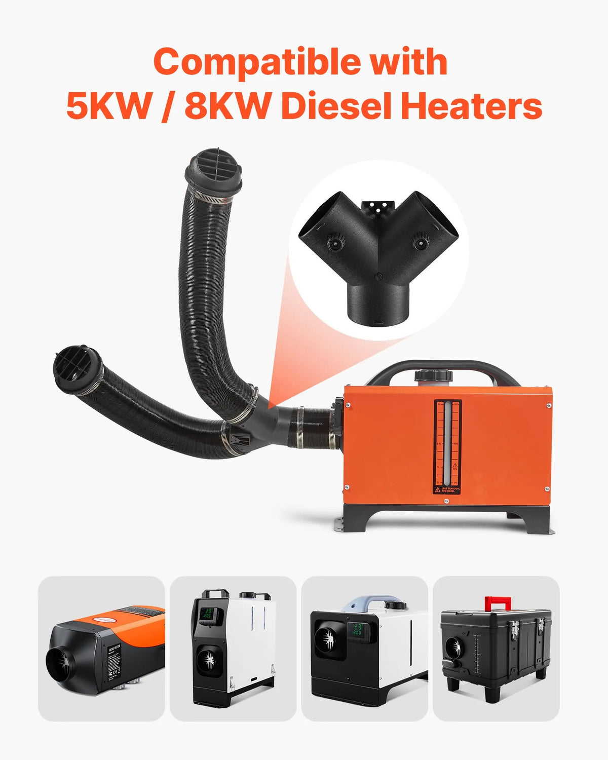 VEVOR Diesel Heater Air Duct and Ventilation Kit, 75 mm Warm Air Outlet with Y-shaped Connector and Air Duct Clamps, for 2 kW, 5 kW and 8 kW Diesel Heaters, Black