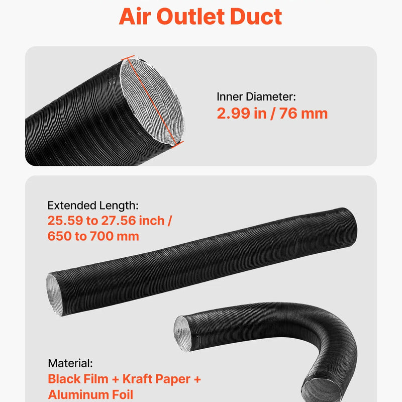 VEVOR dīzeļa sildītāja gaisa cauruļu un ventilācijas komplekts, 75 mm silta gaisa izvads ar Y veida savienotāju un gaisa kanālu skavām, paredzēts 2 kW, 5 kW un 8 kW dīzeļa sildītājiem, melns