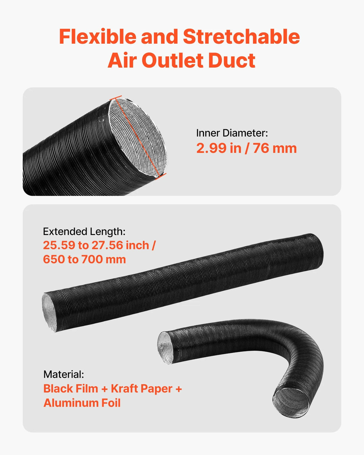 VEVOR Diesel Heater Air Duct and Ventilation Kit, 75 mm Warm Air Outlet with Y-shaped Connector and Air Duct Clamps, for 2 kW, 5 kW and 8 kW Diesel Heaters, Black