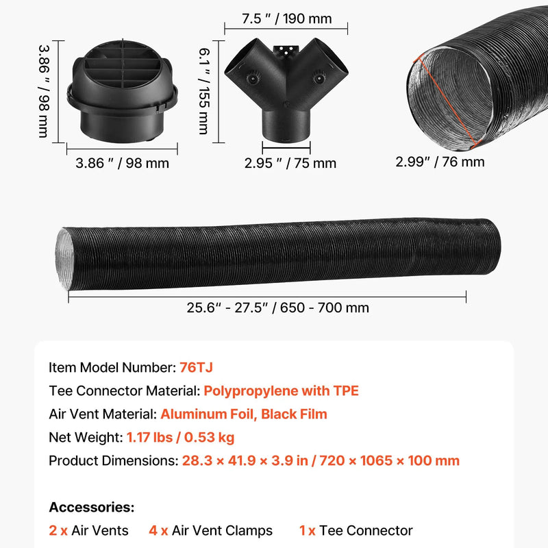 VEVOR dīzeļa sildītāja gaisa cauruļu un ventilācijas komplekts, 75 mm silta gaisa izvads ar Y veida savienotāju un gaisa kanālu skavām, paredzēts 2 kW, 5 kW un 8 kW dīzeļa sildītājiem, melns