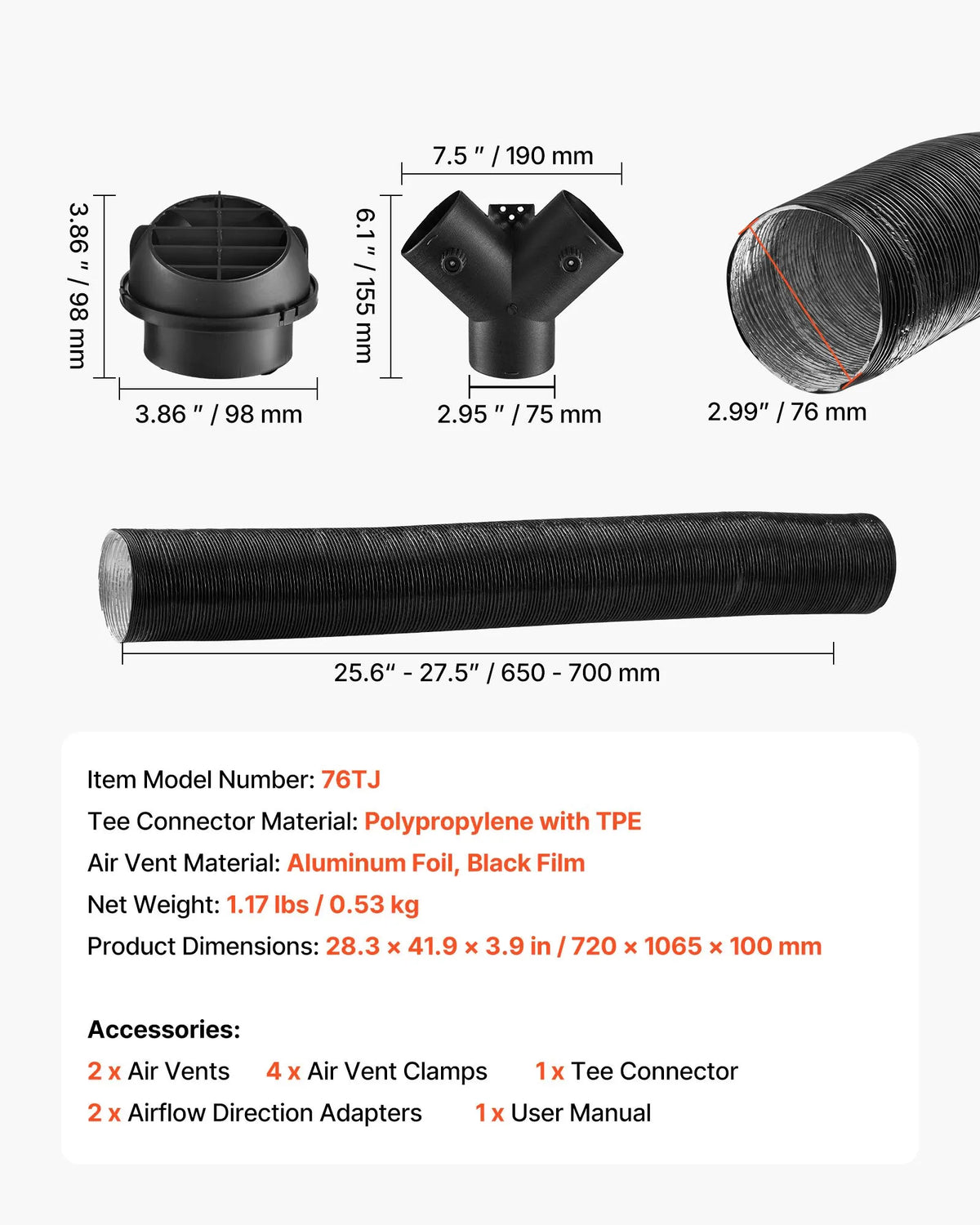 VEVOR Diesel Heater Air Duct and Ventilation Kit, 75 mm Warm Air Outlet with Y-shaped Connector and Air Duct Clamps, for 2 kW, 5 kW and 8 kW Diesel Heaters, Black