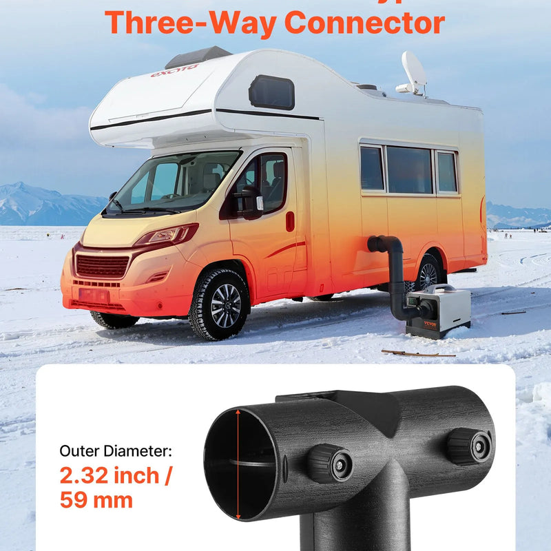 Dīzeļsildītāja savienotājs 59 mm, T-veida 3 virzienu gaisa ventilācijas savienotājs ar diviem 90° rotējamiem vārstiem, melns savienojums 2 kW dīzeļsildītājiem