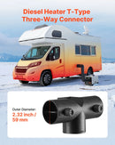 Dīzeļsildītāja savienotājs 59 mm, T-veida 3 virzienu gaisa ventilācijas savienotājs ar diviem 90° rotējamiem vārstiem, melns savienojums 2 kW dīzeļsildītājiem