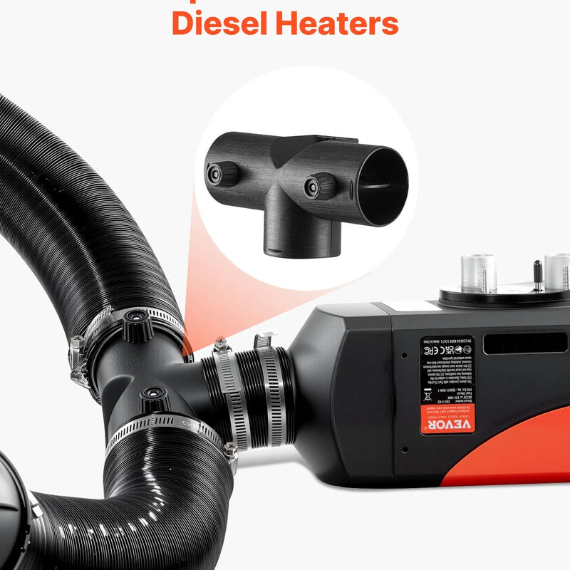 Dīzeļsildītāja savienotājs 59 mm, T-veida 3 virzienu gaisa ventilācijas savienotājs ar diviem 90° rotējamiem vārstiem, melns savienojums 2 kW dīzeļsildītājiem