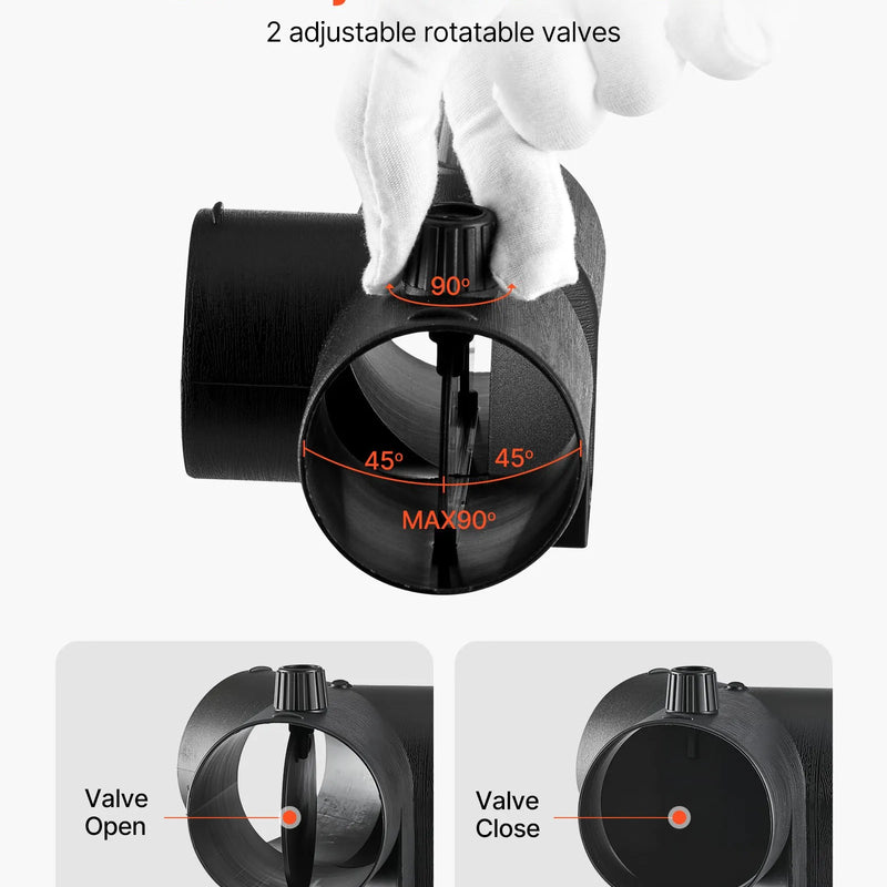 Dīzeļsildītāja savienotājs 59 mm, T-veida 3 virzienu gaisa ventilācijas savienotājs ar diviem 90° rotējamiem vārstiem, melns savienojums 2 kW dīzeļsildītājiem