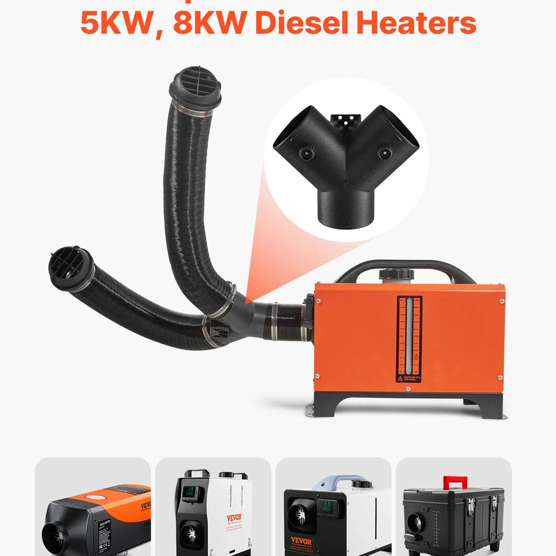 Dīzeļsildītāja savienotājs, 75 mm gaisa vada Y veida atzars ar 2 rotējošiem 90° vārstiem, melns savienojums 2 kW / 5 kW / 8 kW dīzeļsildītājiem