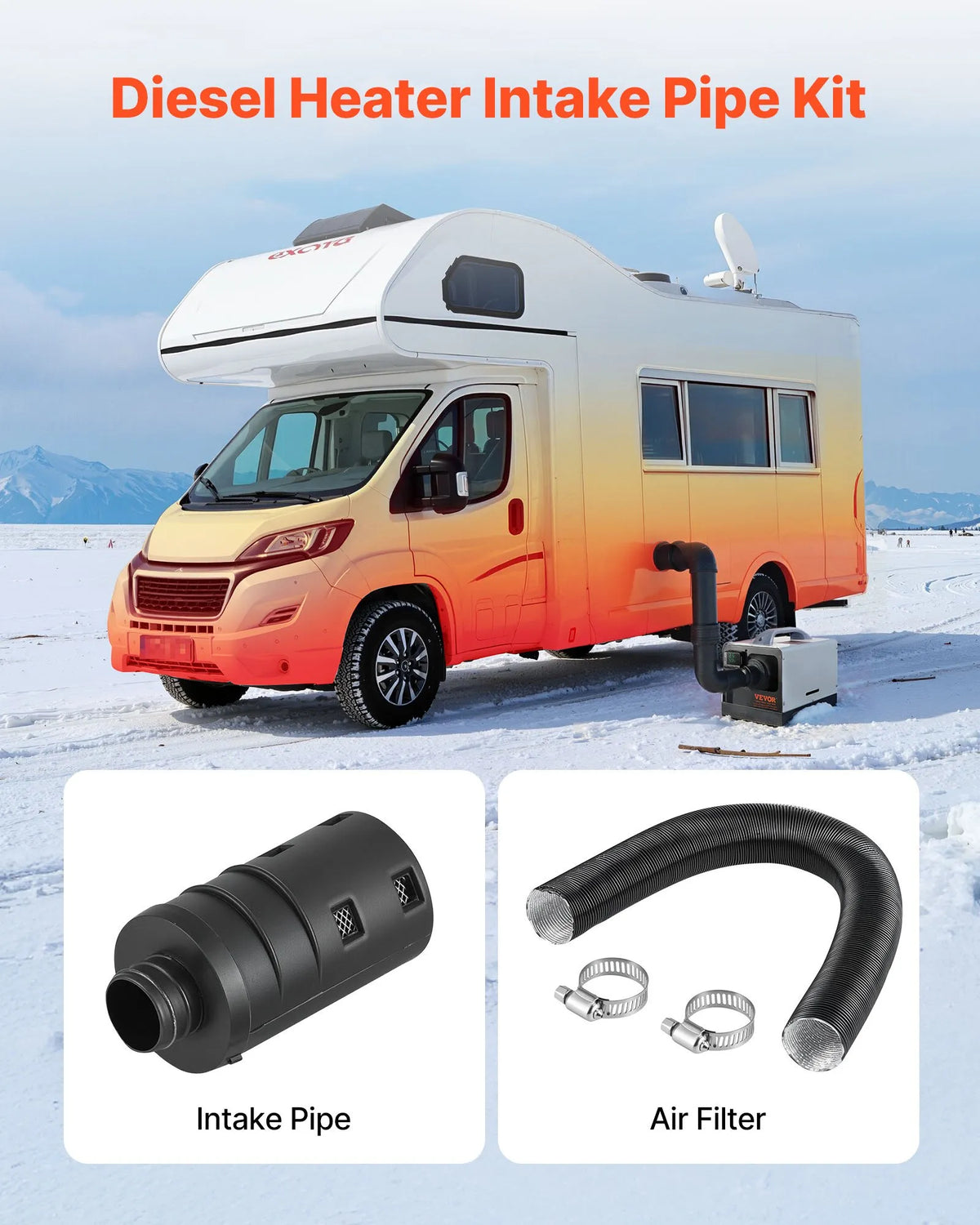 Diesel heater intake pipe kit, Ø 25 mm air duct hose, flexible intake filter silencer pipe with clamps, 2–8 kW