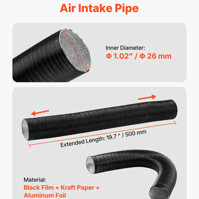 Dīzeļsildītāja ieplūdes cauruļu komplekts, Ø 25 mm gaisa kanāla šļūtene, stiepjama un lokana ieplūdes filtra trokšņa slāpētāja caurule ar skavām, 2-8 kW