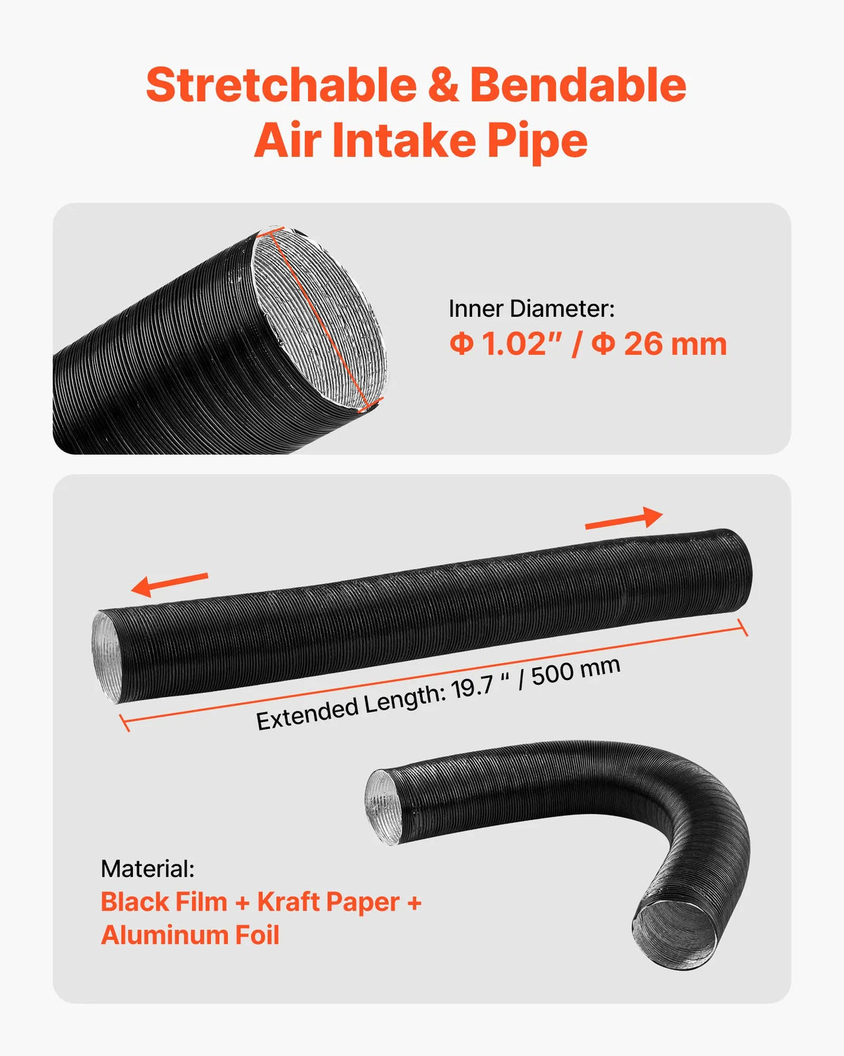 Diesel heater intake pipe kit, Ø 25 mm air duct hose, flexible intake filter silencer pipe with clamps, 2–8 kW