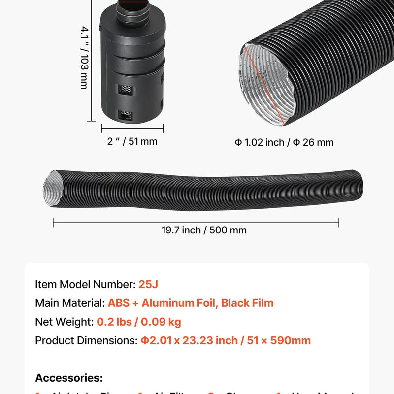 Dīzeļsildītāja ieplūdes cauruļu komplekts, Ø 25 mm gaisa kanāla šļūtene, stiepjama un lokana ieplūdes filtra trokšņa slāpētāja caurule ar skavām, 2-8 kW