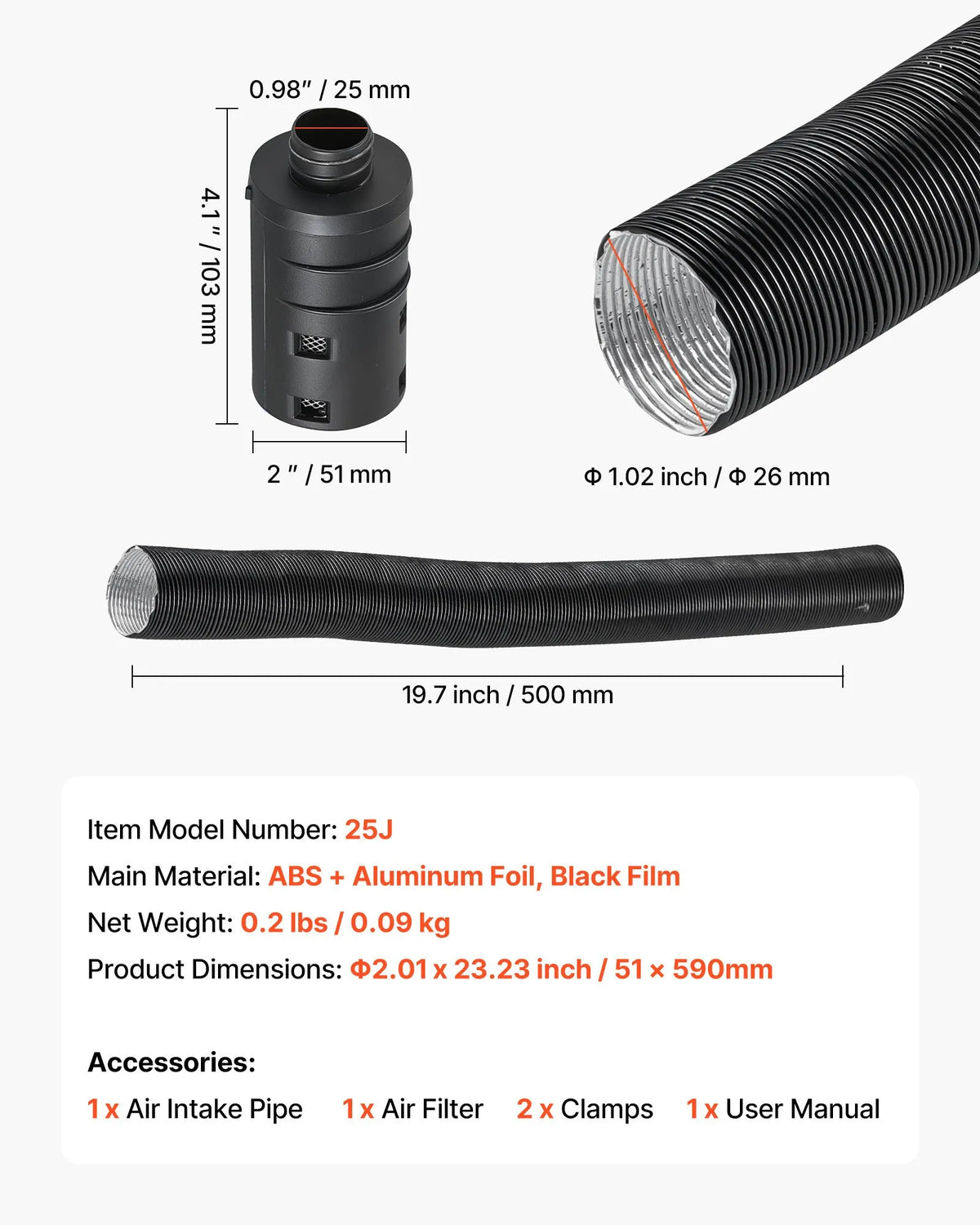 Diesel heater intake pipe kit, Ø 25 mm air duct hose, flexible intake filter silencer pipe with clamps, 2–8 kW