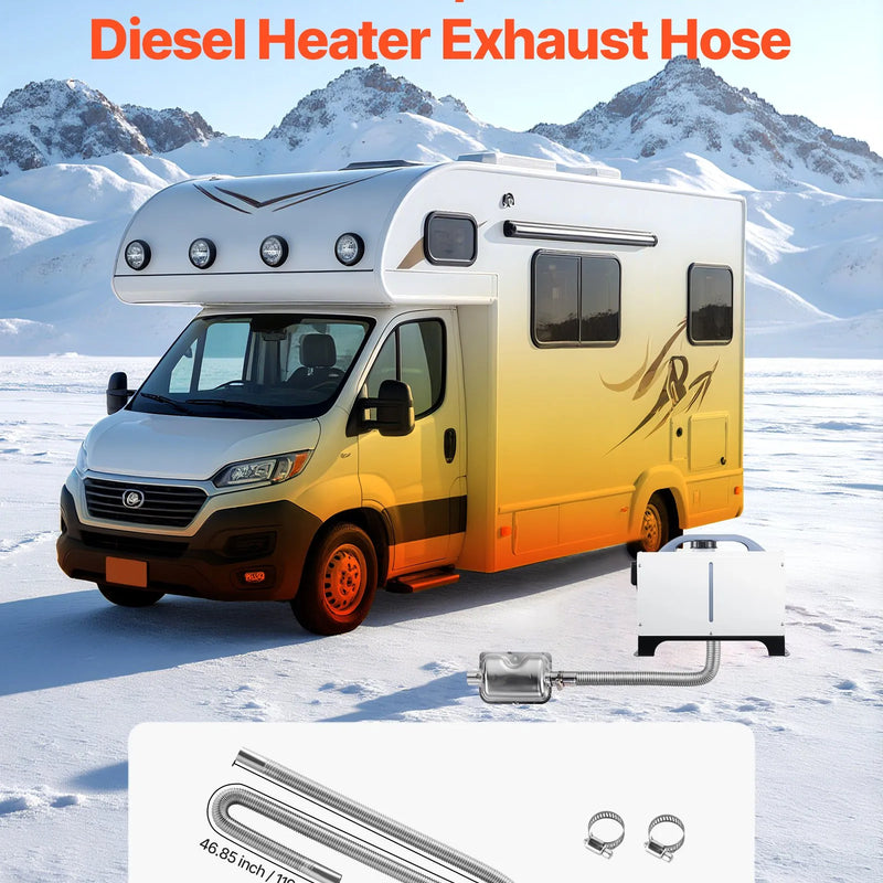 Izplūdes šļūtene, 1200 mm dīzeļsildītāja elastīgā caurule no nerūsējošā tērauda ar 2 skavām, dīzeļsildītāja piederumu komplekts, saderīgs ar 2–8 kW dīzeļsildītājiem