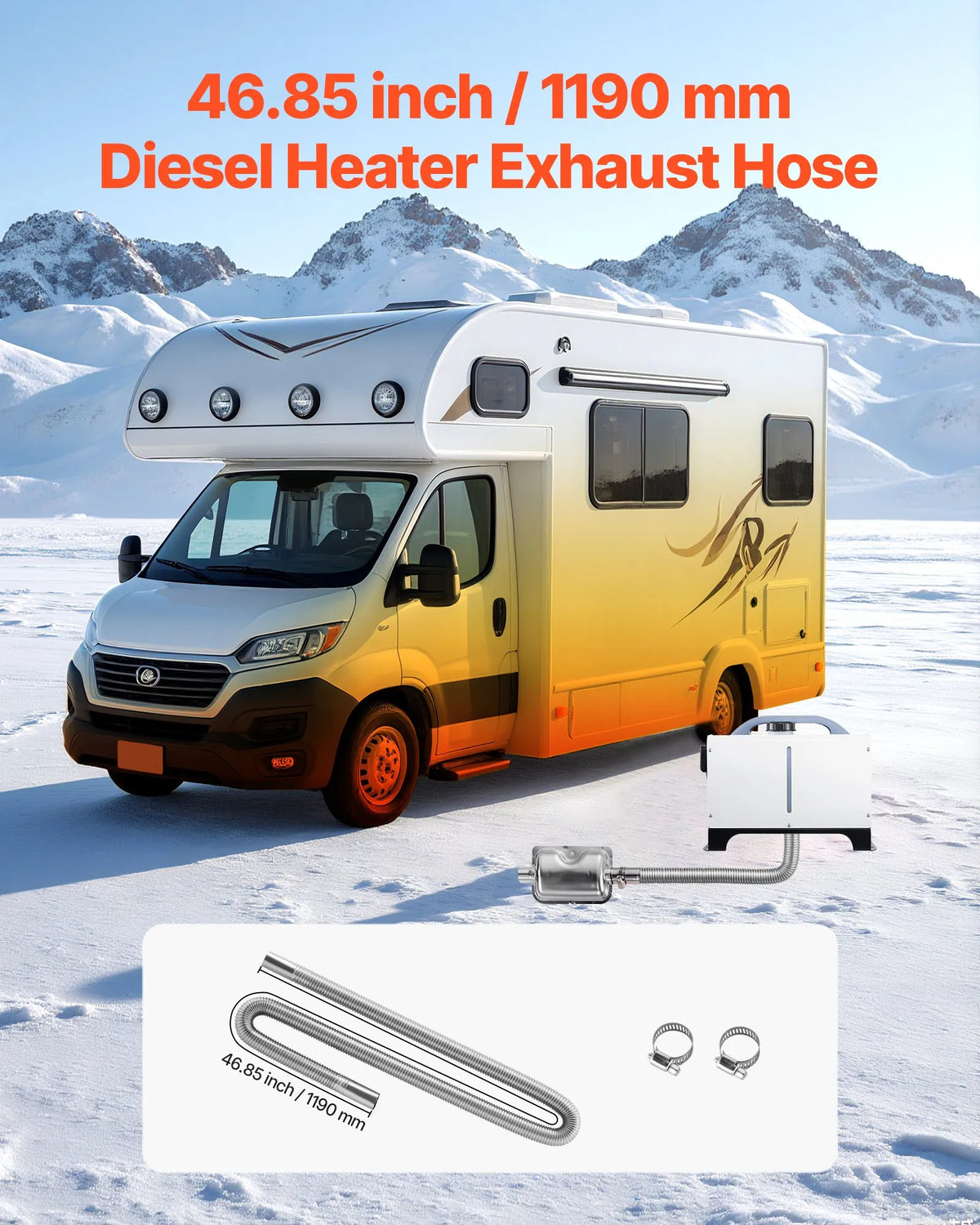 Exhaust hose, 1200 mm diesel heater flexible stainless steel pipe with 2 clamps, diesel heater accessories kit, compatible with 2–8 kW diesel heaters