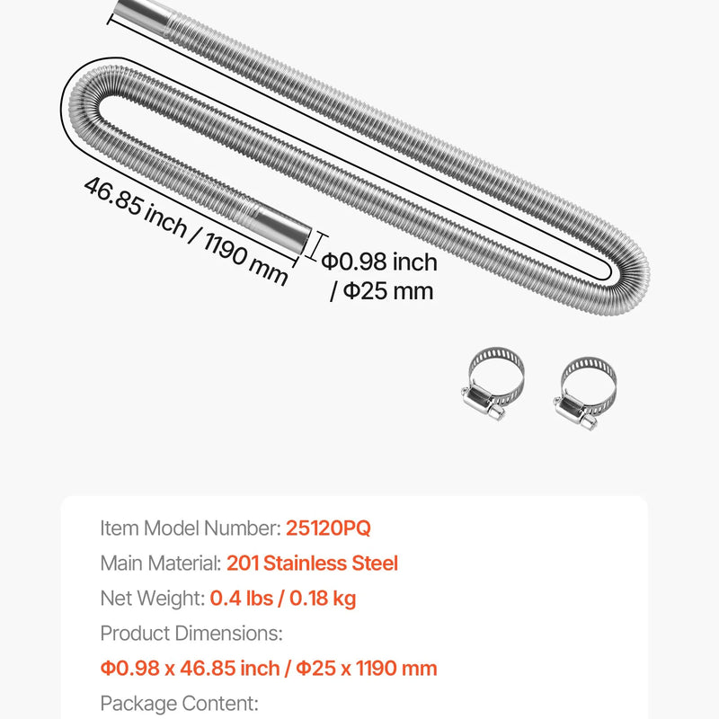 Izplūdes šļūtene, 1200 mm dīzeļsildītāja elastīgā caurule no nerūsējošā tērauda ar 2 skavām, dīzeļsildītāja piederumu komplekts, saderīgs ar 2–8 kW dīzeļsildītājiem