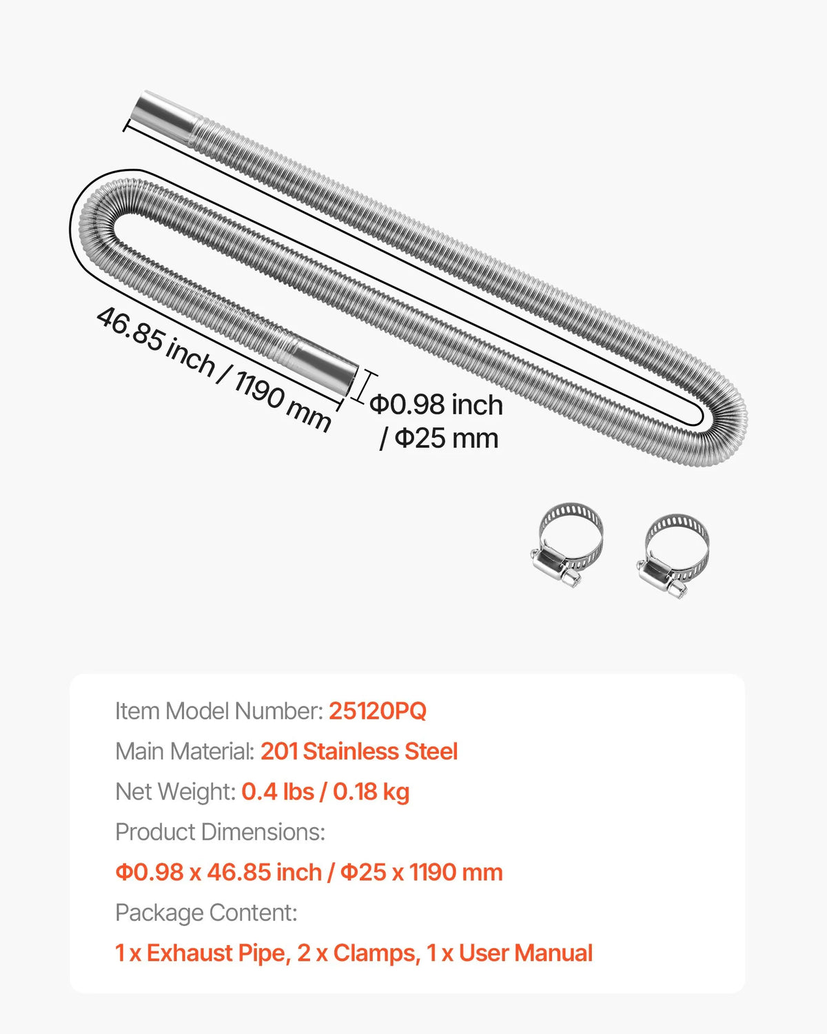 Exhaust hose, 1200 mm diesel heater flexible stainless steel pipe with 2 clamps, diesel heater accessories kit, compatible with 2–8 kW diesel heaters