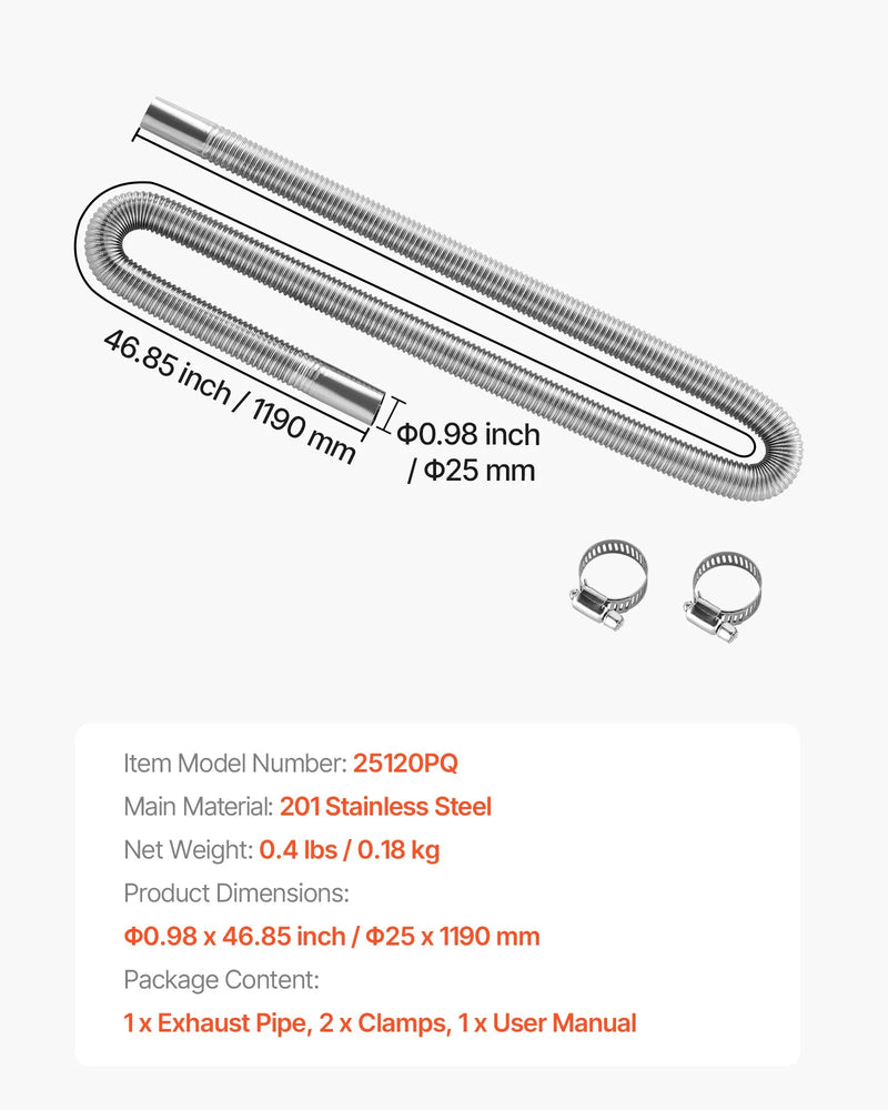 Izplūdes šļūtene, 1200 mm dīzeļsildītāja elastīgā caurule no nerūsējošā tērauda ar 2 skavām, dīzeļsildītāja piederumu komplekts, saderīgs ar 2–8 kW dīzeļsildītājiem