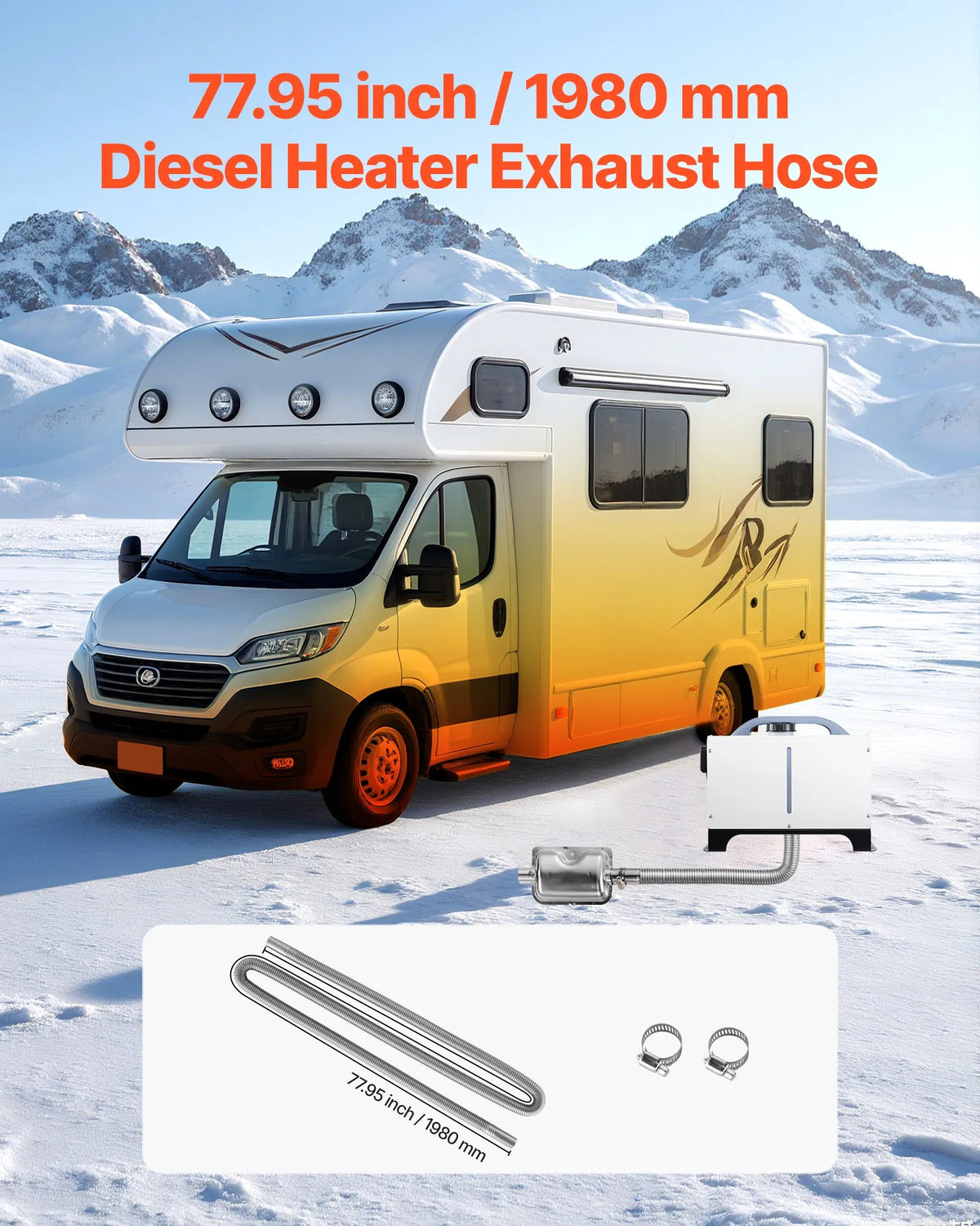 Exhaust hose, 1980 mm stainless steel flexible pipe with 2 clamps, diesel heater accessory kit, compatible with 2–8 kW diesel heaters