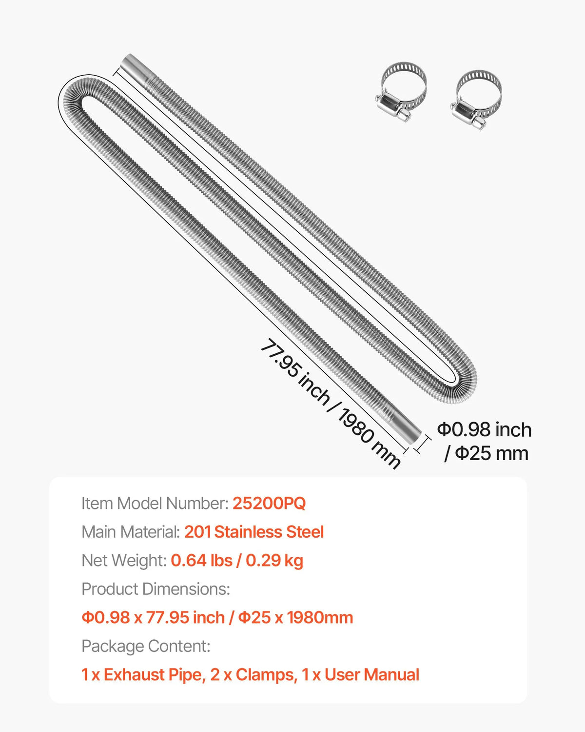 Exhaust hose, 1980 mm stainless steel flexible pipe with 2 clamps, diesel heater accessory kit, compatible with 2–8 kW diesel heaters