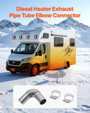 Dīzeļsildītāja izplūdes caurules elkonis ar 25 mm savienotāju, nerūsējošā tērauda vēja aizsarguzgalis, 4 skavas, 2 kW–8 kW