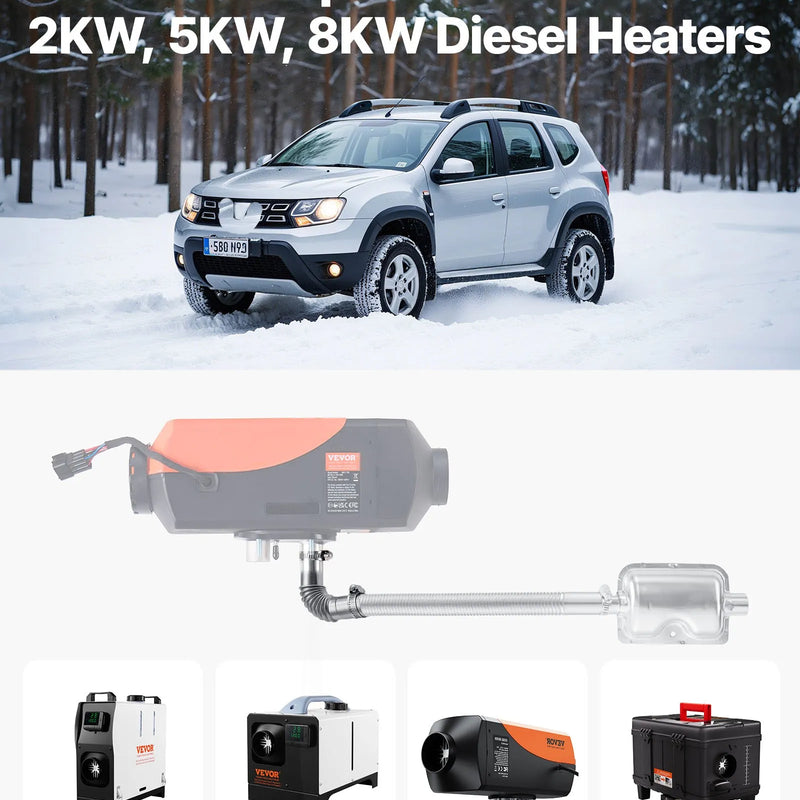 Dīzeļsildītāja izplūdes caurules elkonis ar 25 mm savienotāju, nerūsējošā tērauda vēja aizsarguzgalis, 4 skavas, 2 kW–8 kW