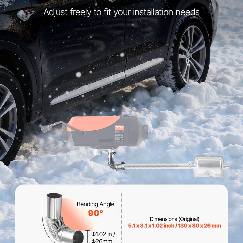 Dīzeļsildītāja izplūdes caurules elkonis ar 25 mm savienotāju, nerūsējošā tērauda vēja aizsarguzgalis, 4 skavas, 2 kW–8 kW