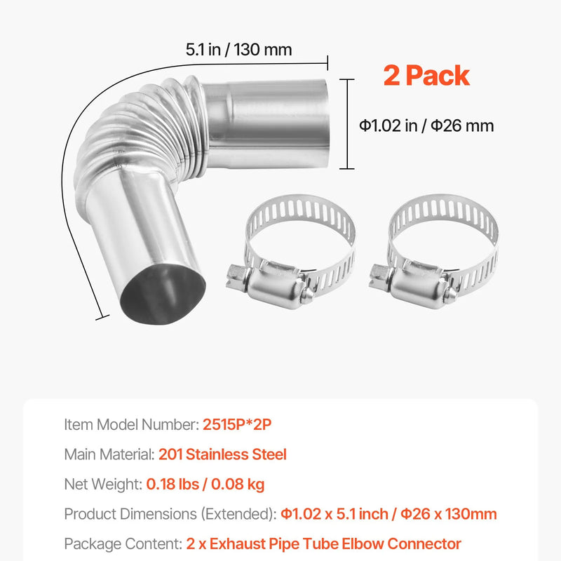 Dīzeļsildītāja izplūdes caurules elkonis ar 25 mm savienotāju, nerūsējošā tērauda vēja aizsarguzgalis, 4 skavas, 2 kW–8 kW