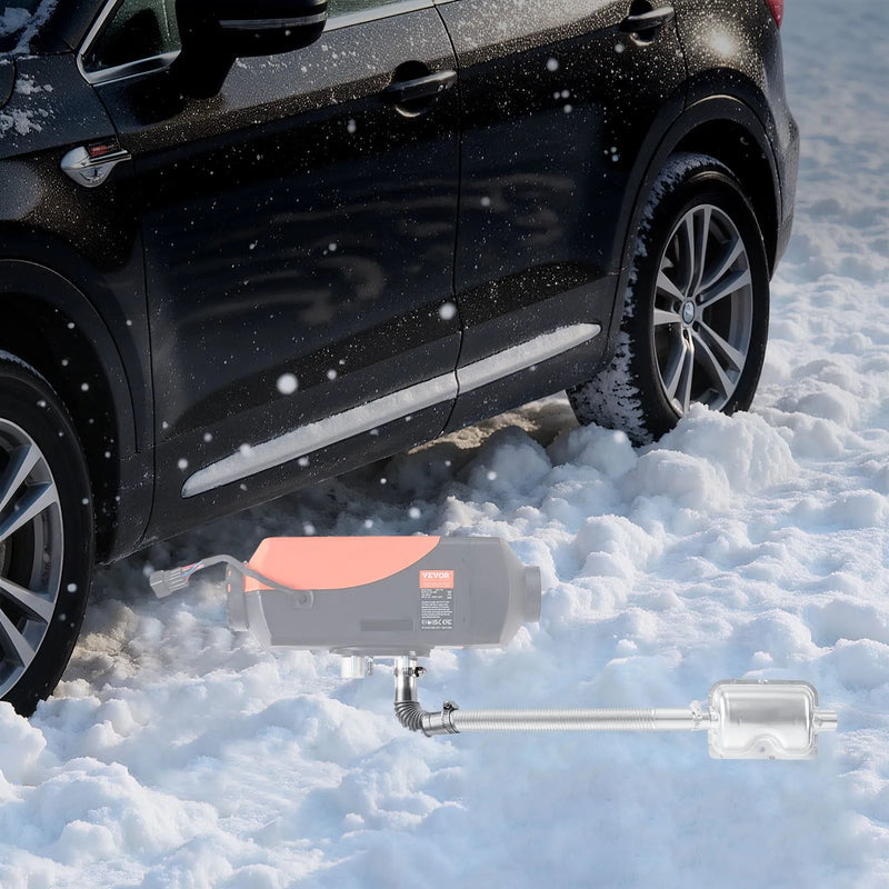 Dīzeļsildītāja izplūdes caurules elkonis ar 25 mm savienotāju, nerūsējošā tērauda vēja aizsarguzgalis, 4 skavas, 2 kW–8 kW