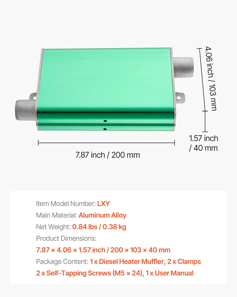 VEVOR dīzeļsildītāja klusinātājs, 24 mm uzlabots izpūtēja klusinātājs ar 2 skavām un skrūvēm, alumīnija sakausējuma izpūtēja trokšņu slāpētājs 2 kW, 5 kW un 8 kW dīzeļsildītājiem