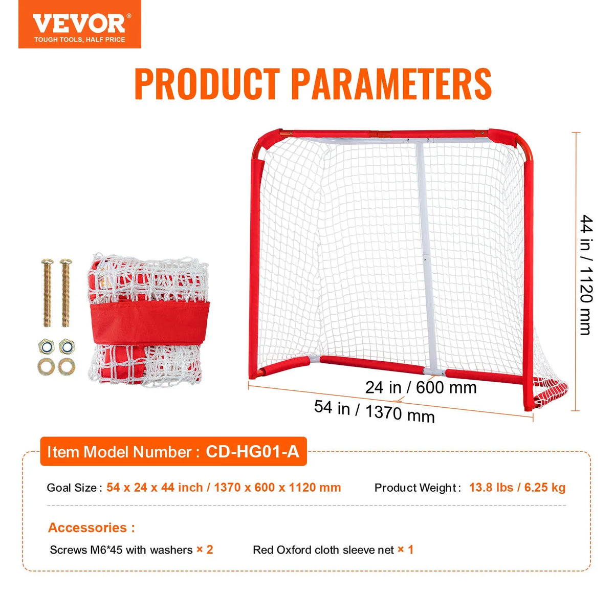 VEVOR Youth Street Hockey Goal 137 × 112 cm with Net, Steel, White/Red
