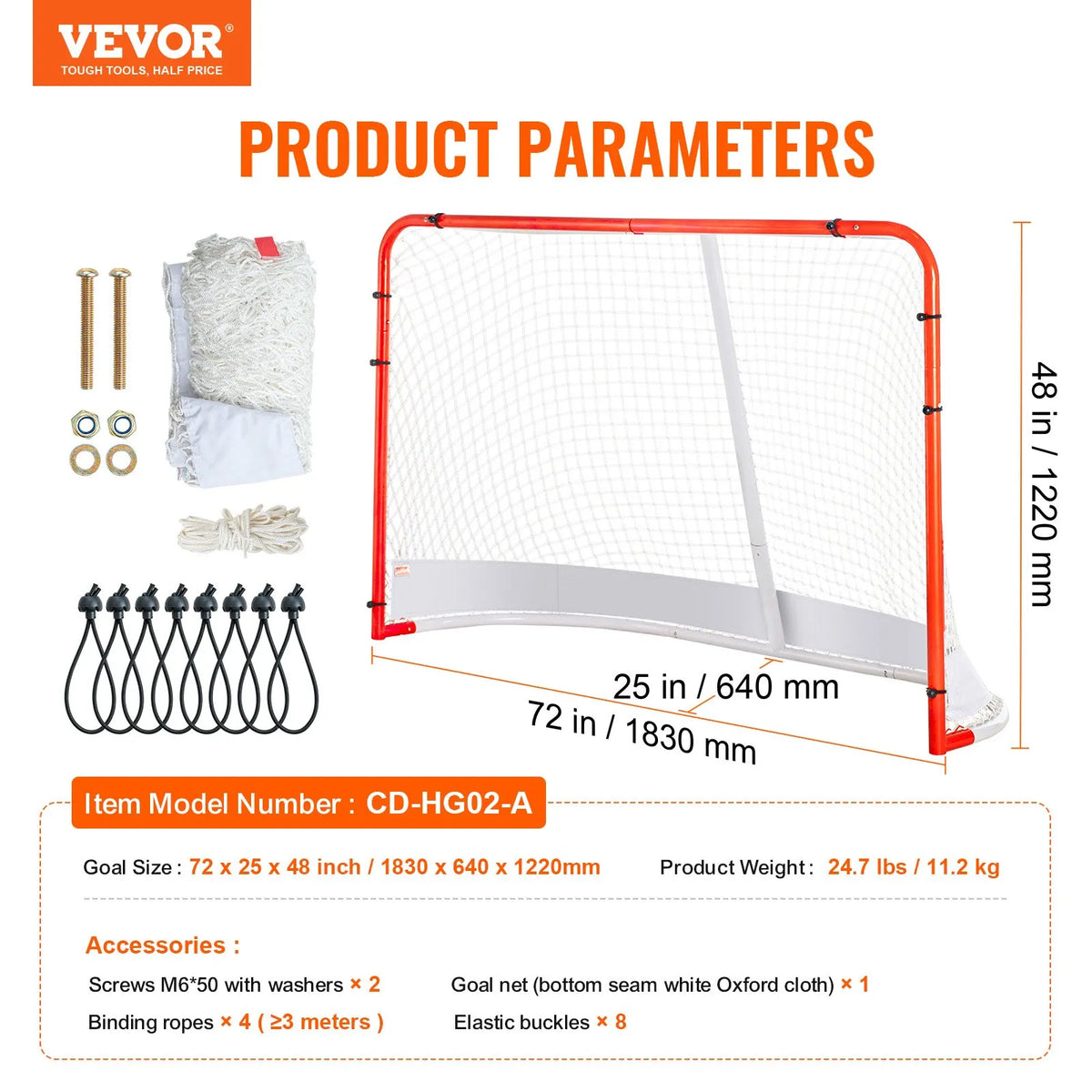 VEVOR Street Hockey Goal 183 × 122 cm with Net, Steel, Official Size, White/Red